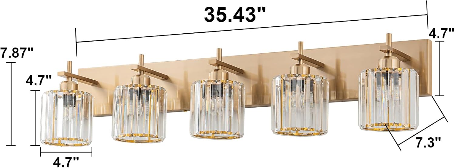 Modern Crystal Bathroom Vanity Lights, Gold 5-Lights Bathroom Light Fixtures Over Mirror, Crystal Wall Lighting with Polished Brass Finish