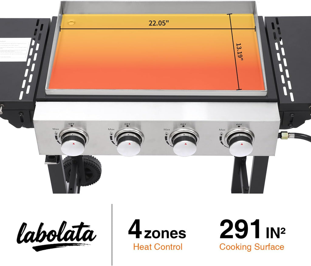 Flat Top Gas Griddle Grill with Stainless Steel Griddle, Includes Dust Cover & Regulator, Perfect for Camping & Tailgating (4-Burner)
