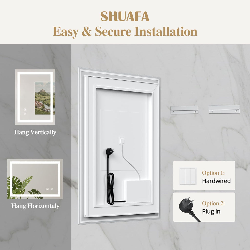 28X36 Inch LED Bathroom Mirror with Lights, Gold Frame Frontlit+ Backlit Bathroom Vanity Mirror for Wall, Ultra-Clear Tempered Glass, Shatter-Proof, Anti-Fog and Memory Function, ETL Listed