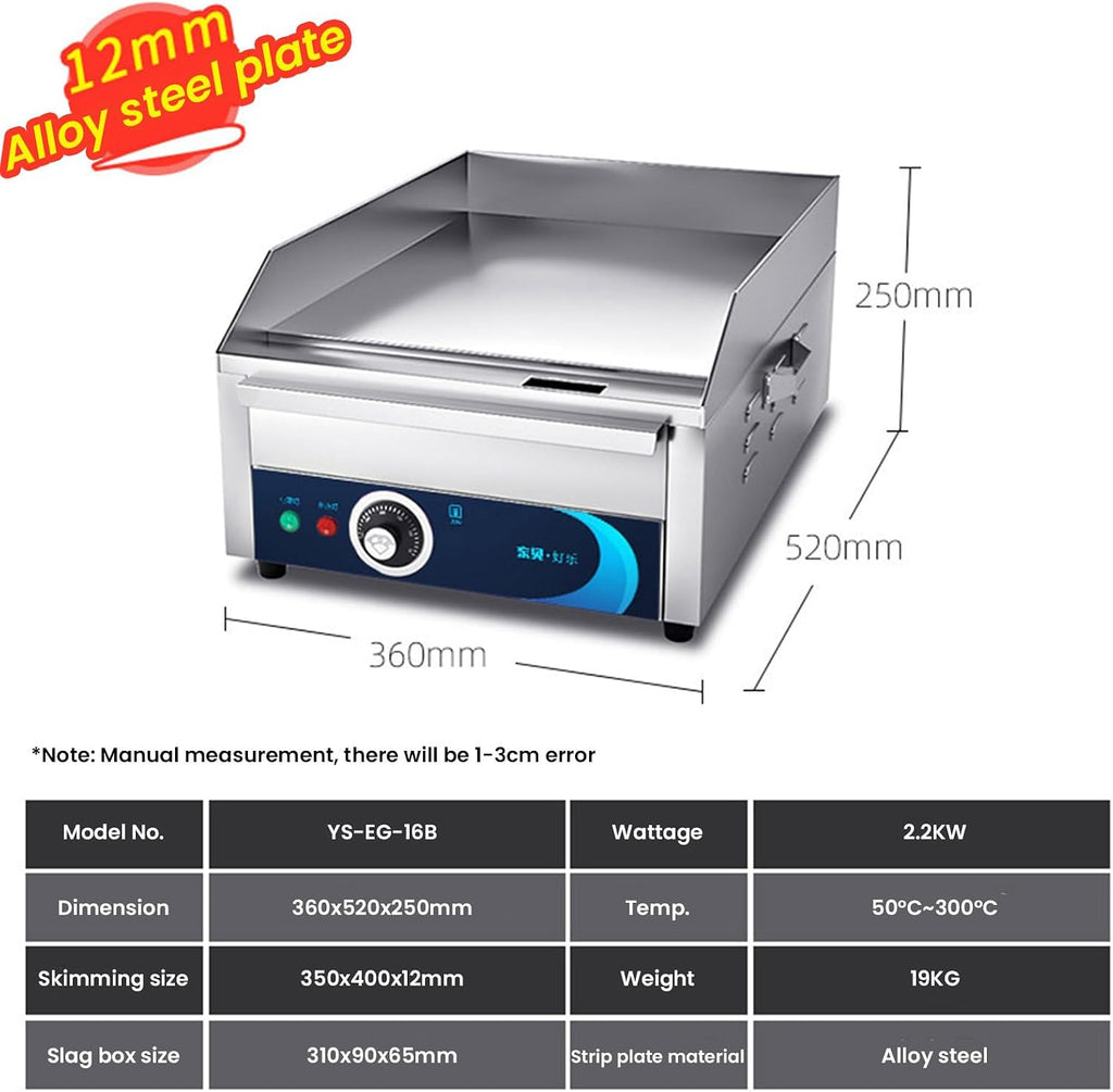 Commercial Electric Griddle, 14' 2200W Commercial Electric Countertop Non-Stick Flat Top Grill with Adjustable Temperature Control, Stainless Steel Griddle for Restaurant & Home