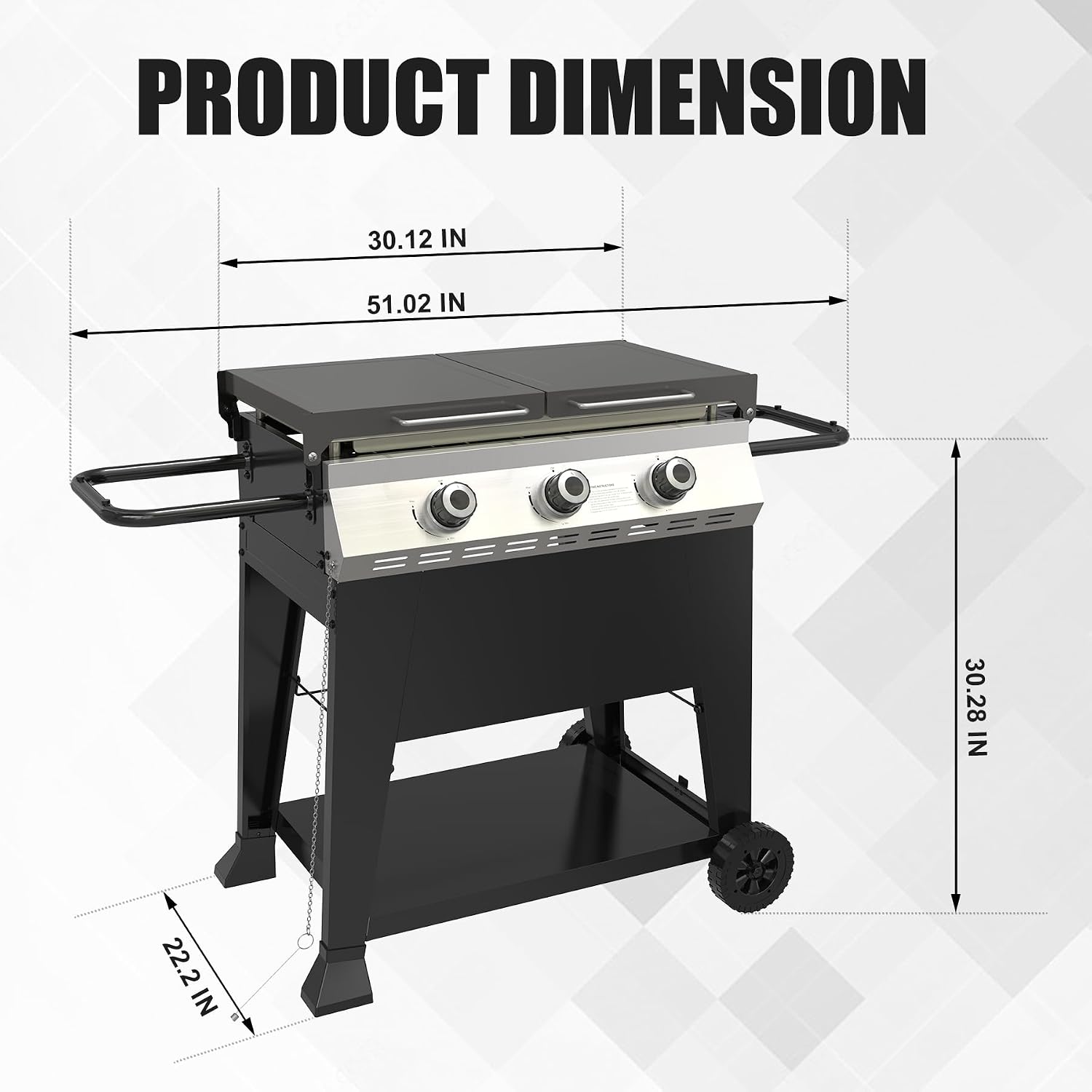 3 Burner Propane Grill with Rainproof Cover 28inch Outdoor Flat Top Griddle Foldable Side Table for Backyards Barbecue