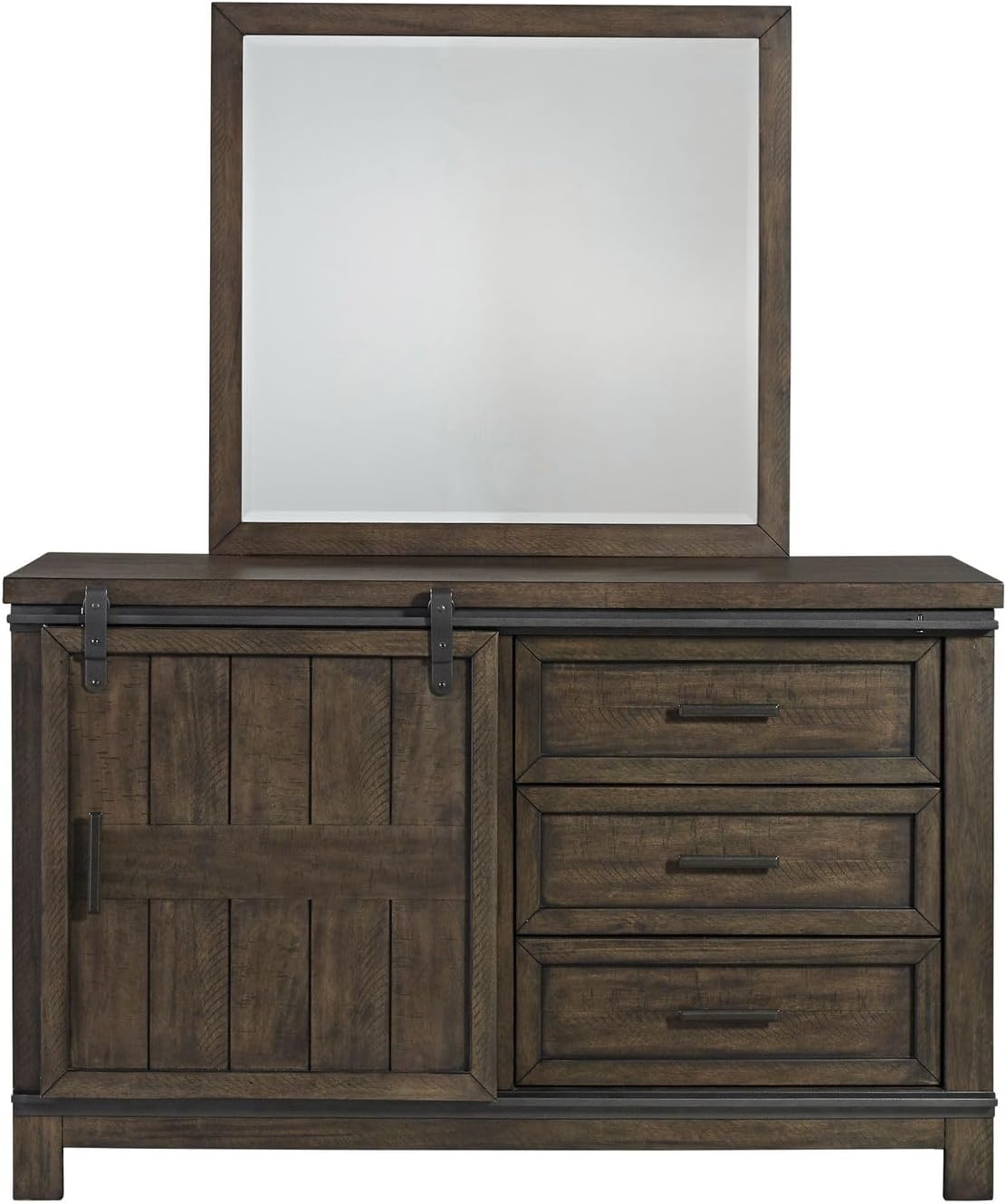 Liberty Furniture Thornwood Hills Twin Bookcase Bed, Dresser & Mirror Rustic Youth Bedroom Set - Rock Beaten Brown with Saw Cuts