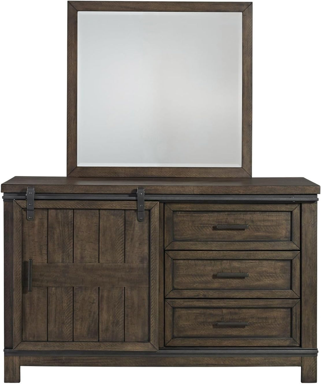 Liberty Furniture Thornwood Hills Full Bookcase Bed, Dresser & Mirror Rustic Youth Bedroom Set - Rock Beaten Brown with Saw Cuts
