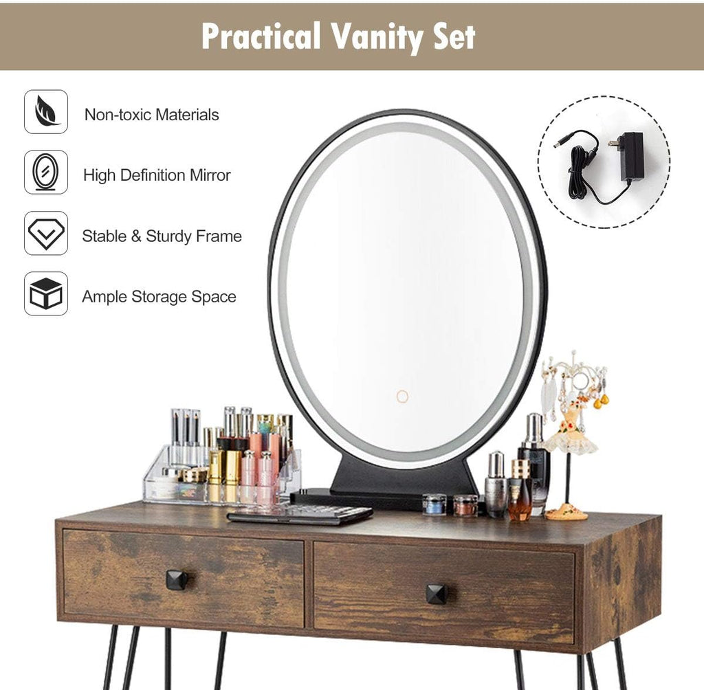 CHARMAID Makeup Vanity Table with Lighted Mirror, 3 Lighting Sets, Adjustable Brightness, 2 Large Drawers, Acrylic Storage Boxes, Girls Bedroom Dressing Table Vanity Set with Stool (Rustic Brown)