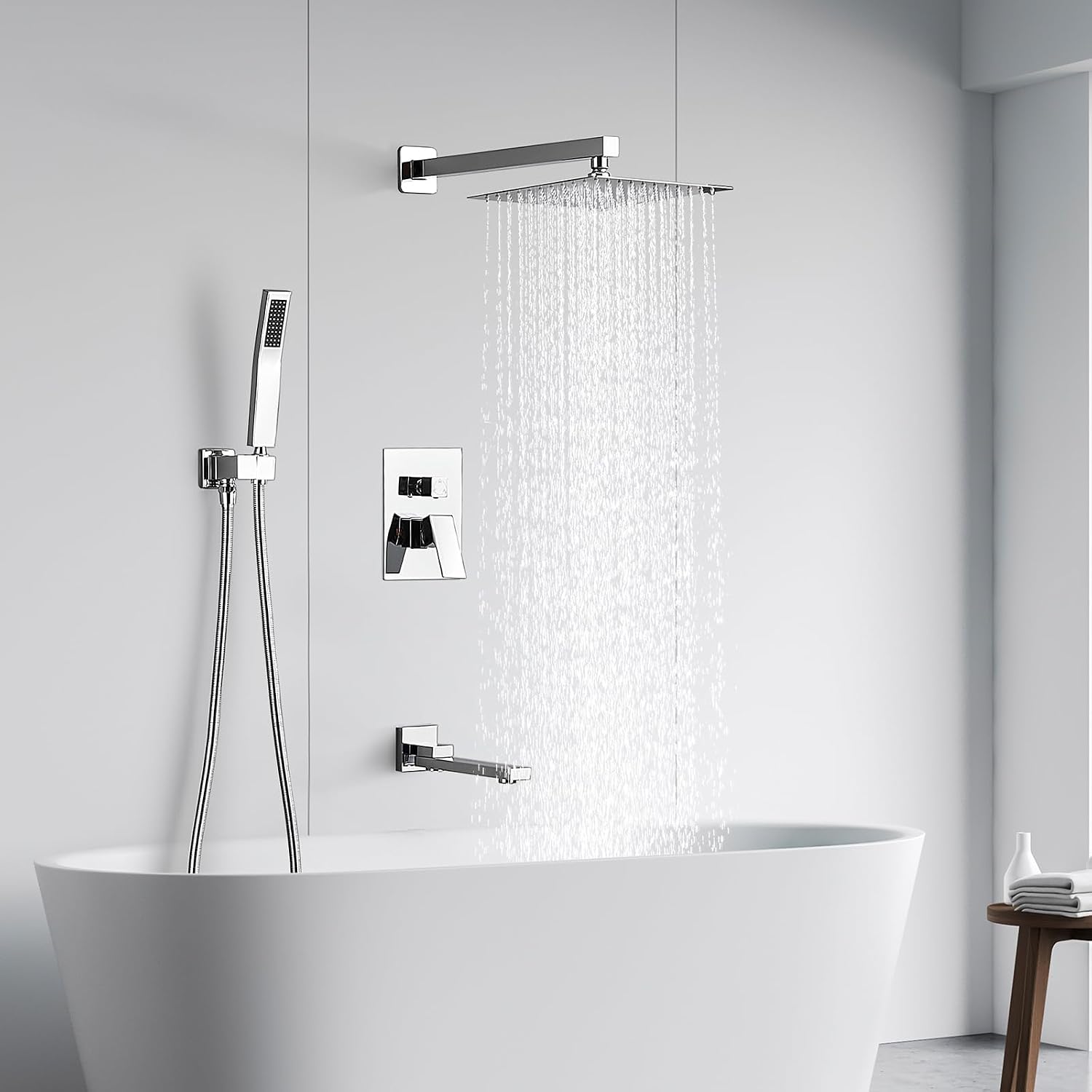 AVSIILE Shower Faucet Set with Tub Spout, Chrome Rain Shower Mixer Valve and Trim Kit System with Base Complete, Rainfall Modern Shower Head and Handheld Handle Set Combo for Bathroom, 10 Inch