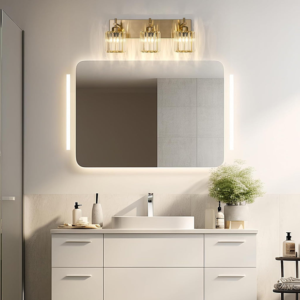 Modern Crystal Bathroom Vanity Lights, Gold 3-Lights Bathroom Light Fixtures Over Mirror, Crystal Wall Lighting with Polished Brass Finish