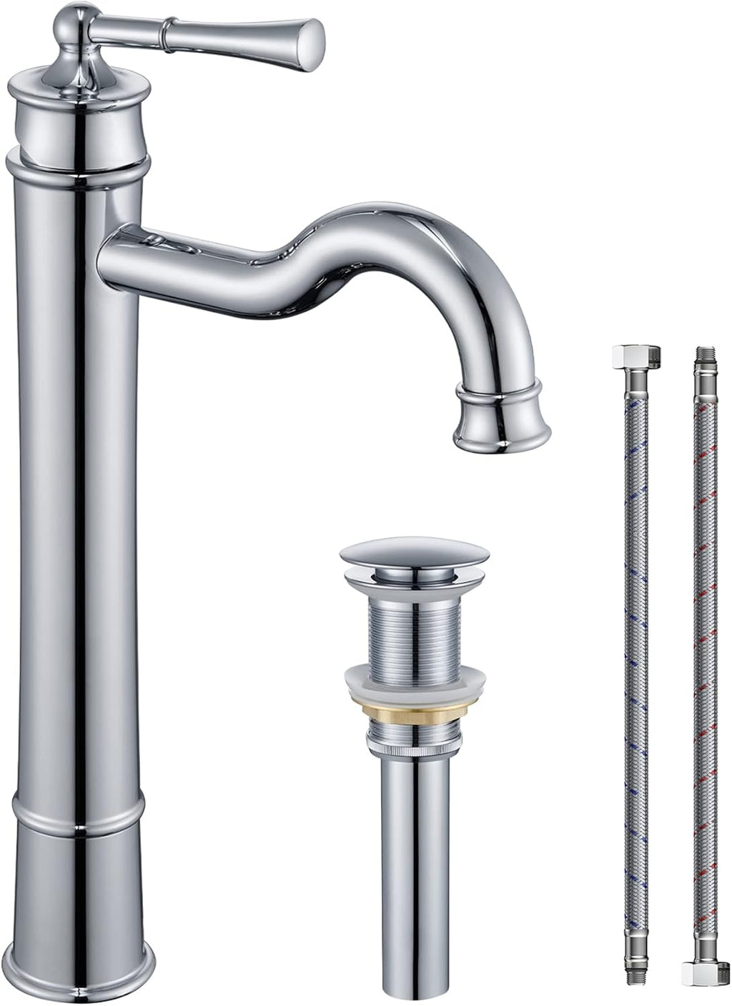 Vessel Sink Faucet Chrome Bathroom Tall Faucet Single Hole Deck-Mount Pop up Drain Assembly Without Overflow Water Supply Lines Included