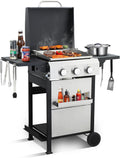 3 Burner Propane Gas Grill with Foldable Side Tables & Lid, 30,000 BTU Outdoor BBQ Grill for Backyard Patio - Stainless Steel Plancha & Cast Iron Cooking Grids Combo