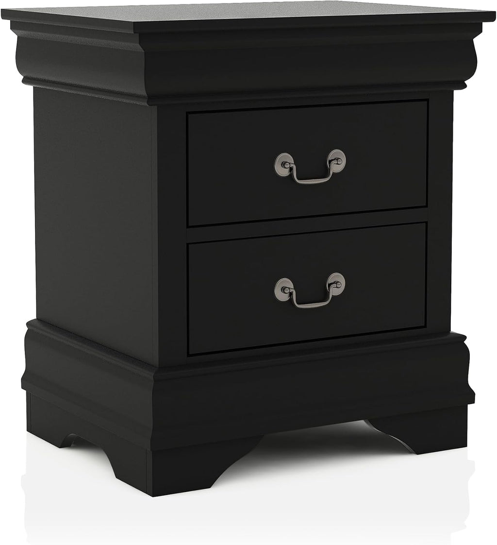 Furniture of America Hypatia Transitional Wood 3-Piece Set, Sleigh Panel Bed and 2-Drawer Nightstand for Bedroom, Queen, Black