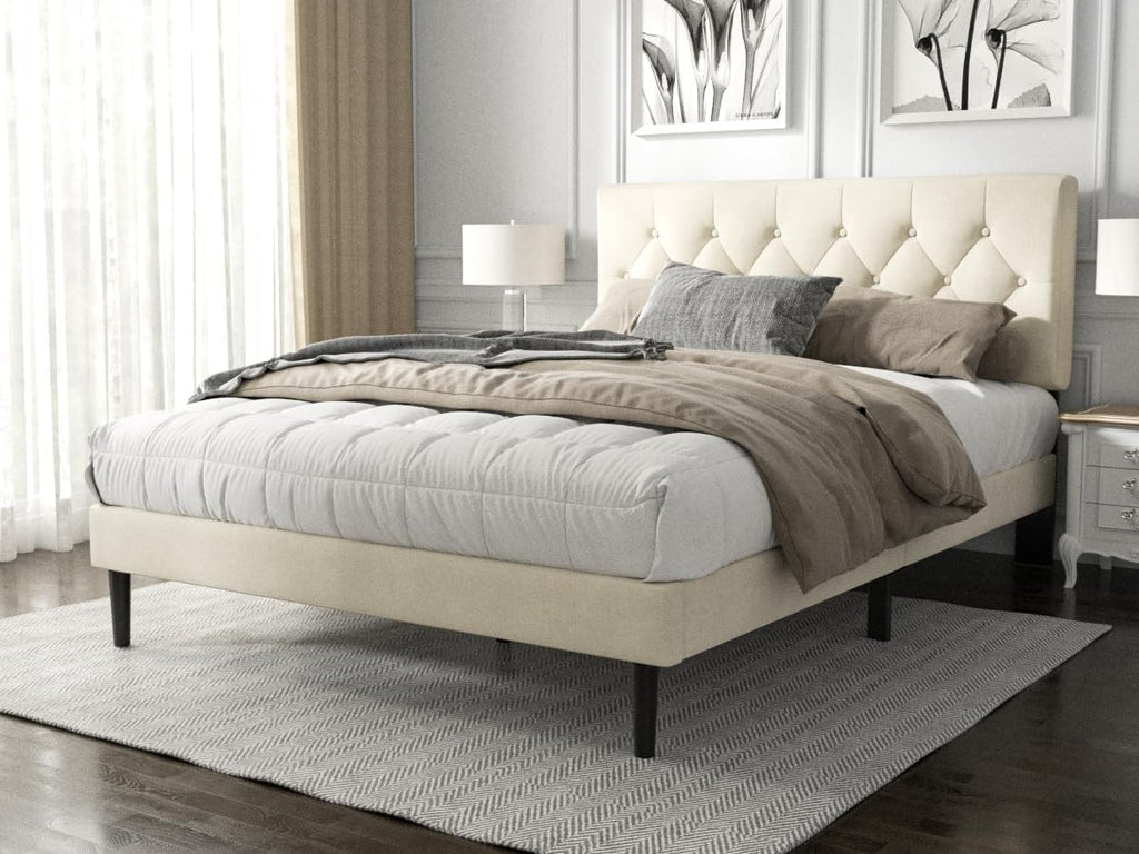 HAOARA Full Size Platform Bed Frame with Upholstered Button Tufted Headboard, Mattress Foundation with Wooden Slat Support, Noise Free, No Box Spring Needed, Easy Assembly, Beige Velvet
