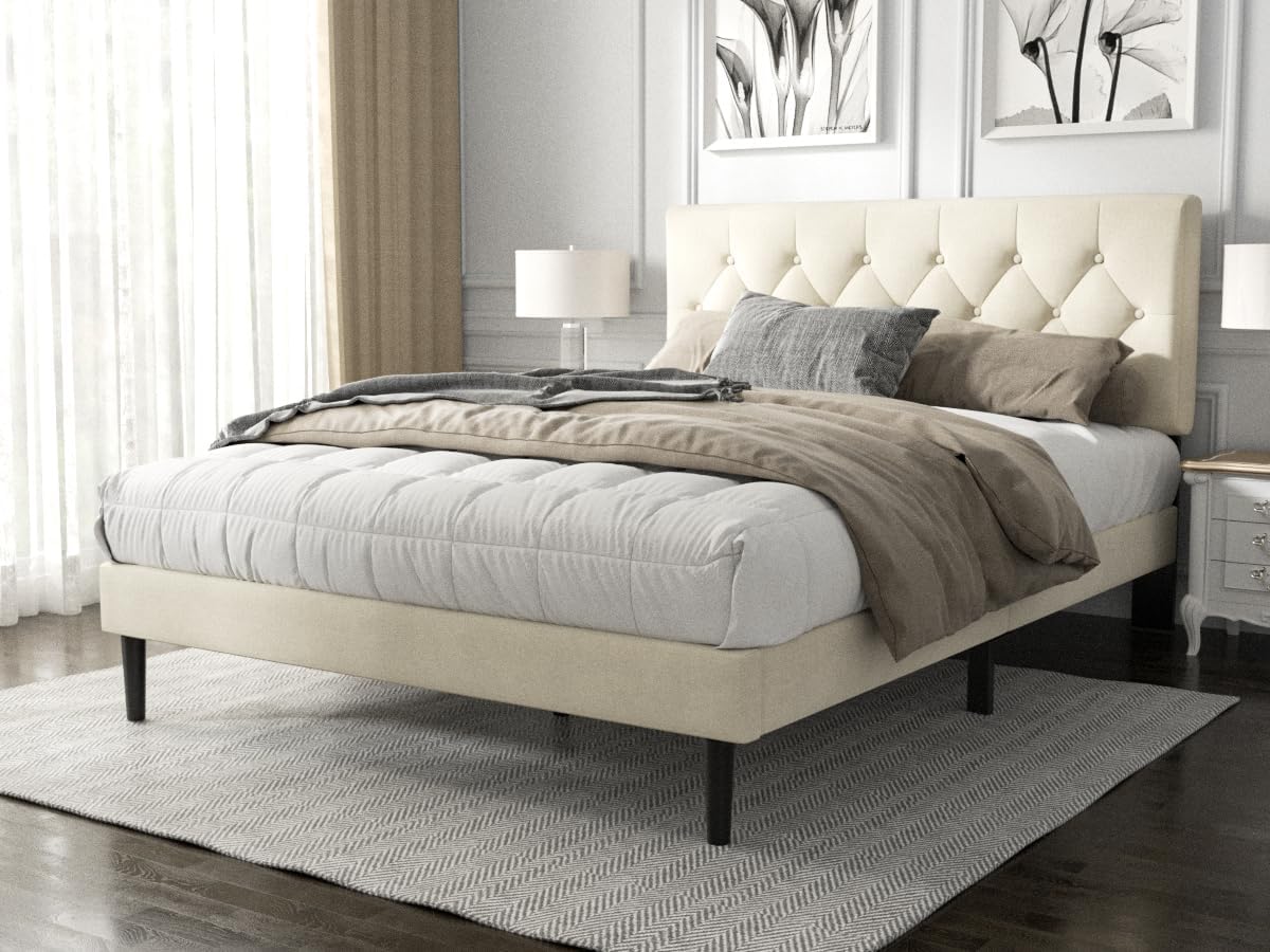 HAOARA Full Size Platform Bed Frame with Upholstered Button Tufted Headboard, Mattress Foundation with Wooden Slat Support, Noise Free, No Box Spring Needed, Easy Assembly, Beige Velvet