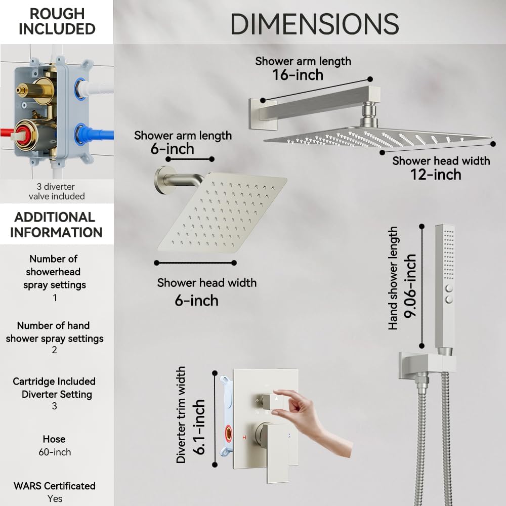 Thermostatic Shower System Brushed Nickel, STARBATH Shower Faucets Sets 12+ 6' Wall Mount Rain Shower and 2 in 1 Handhled, Can Use All at Once, Push Button 3 Modes Valve Complete Shower Set