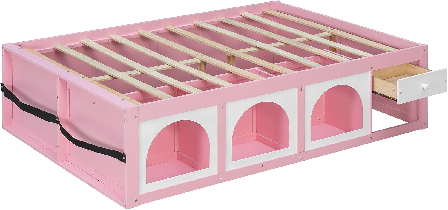 Bellemave Full Size Kids Bed with Display Cabinet, LED Light and Drawer, Wood Full Platform Bed with Bookshelf, BedFrames for Kids, Adults, Pink+White