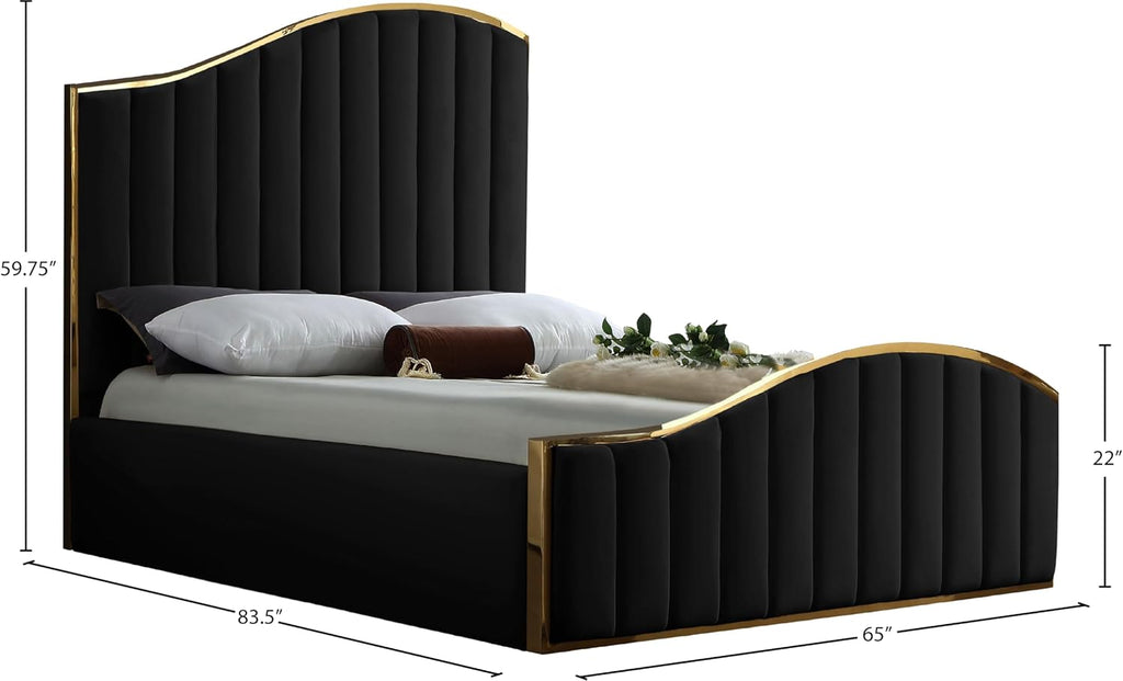 Meridian Furniture Jolie Collection Modern | Contemporary Velvet Upholstered Bed With Channel Tufting, And Polished Gold Metal Frame, Black, Queen