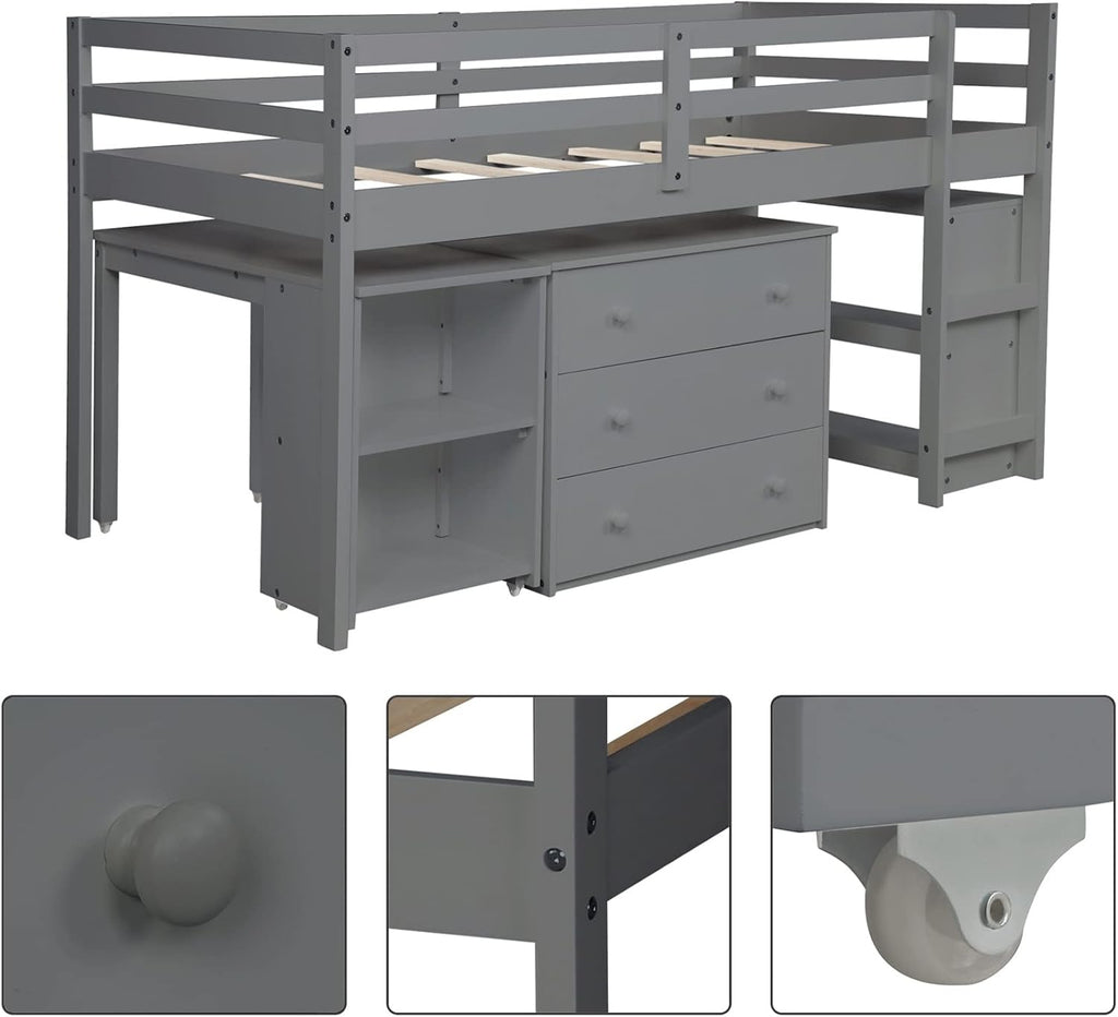 Bellemave Low Loft Bed Wood Loft Bed Frame with Storage Cabinet and Rolling Portable Desk for Kids and Teen, Boys, Girls, Twin,Gray