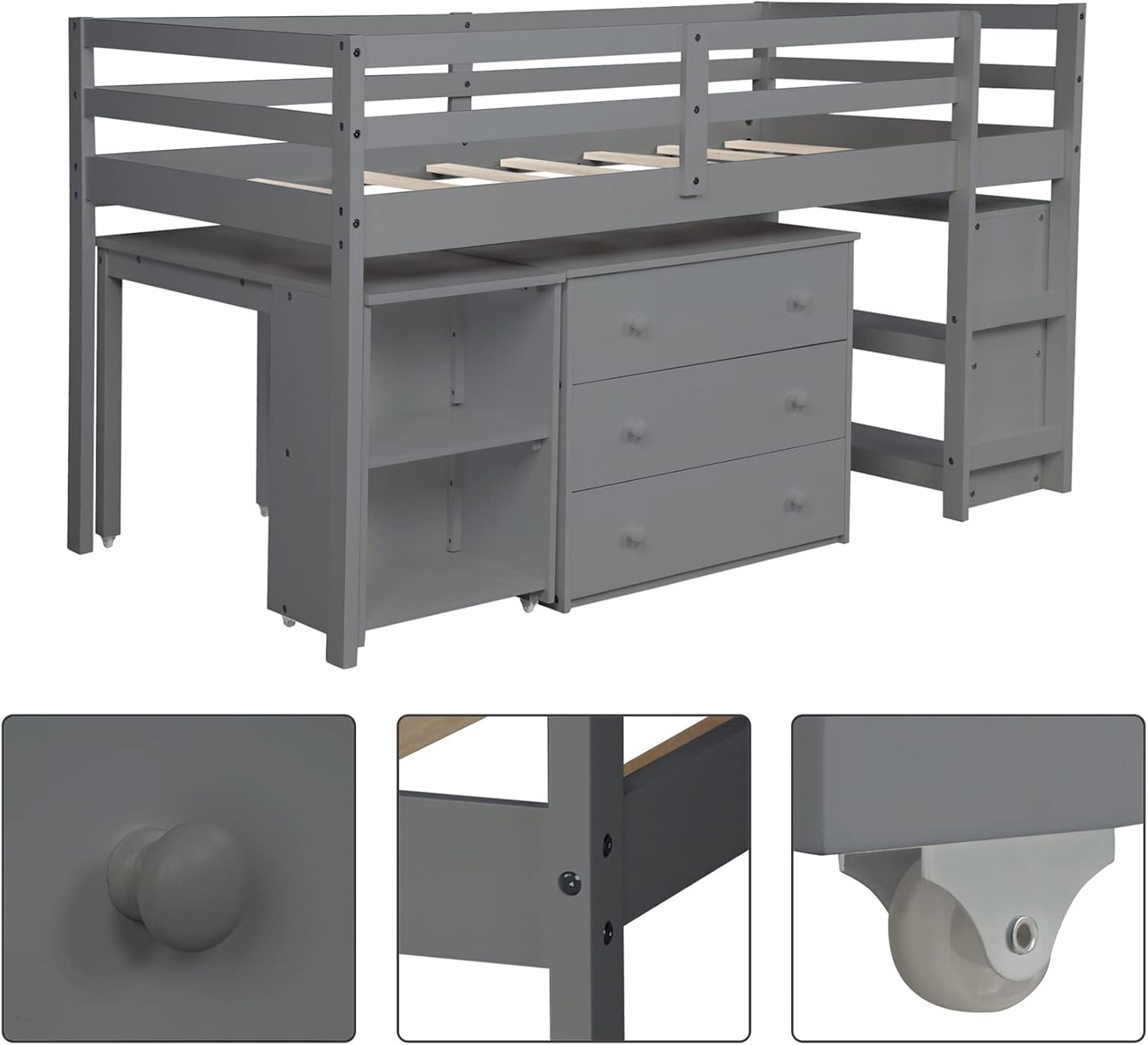 Bellemave Low Loft Bed Wood Loft Bed Frame with Storage Cabinet and Rolling Portable Desk for Kids and Teen, Boys, Girls, Twin,Gray