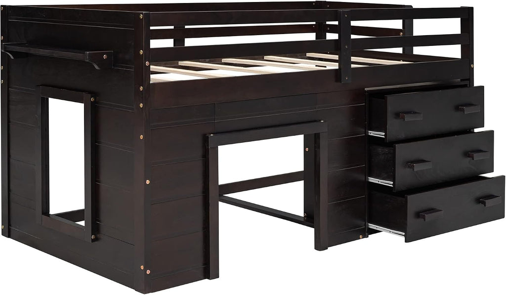 Ball & Cast Twin Size Low Loft Bed with Safety Guardrail & Stair,Wooden Bedframe W/Cabinet & Shelf,Solid Construction,No Spring Box Needed,Furniture Set for Boys Girls Keens Study Bedroom,Espresso