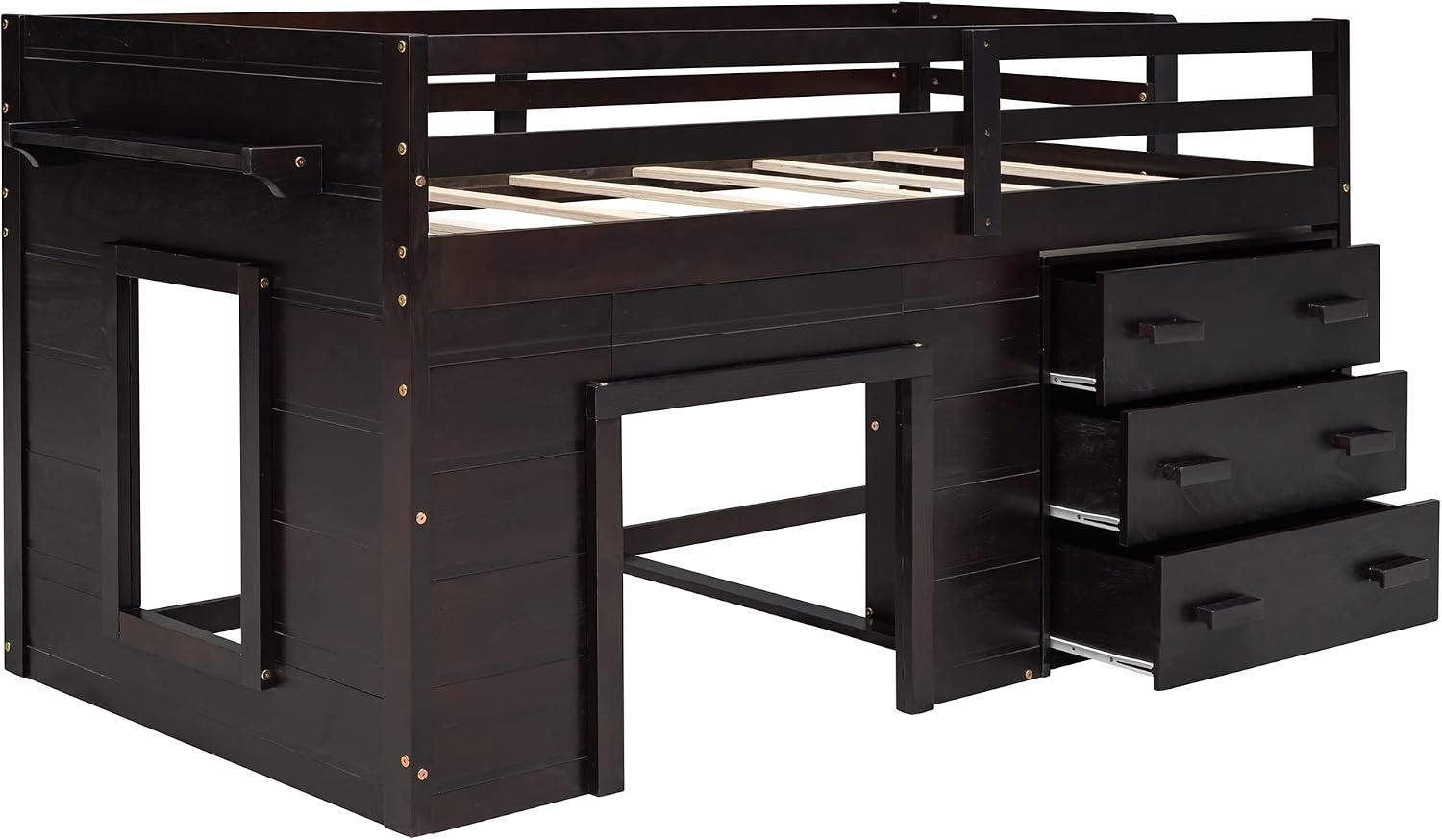 Ball & Cast Twin Size Low Loft Bed with Safety Guardrail & Stair,Wooden Bedframe W/Cabinet & Shelf,Solid Construction,No Spring Box Needed,Furniture Set for Boys Girls Keens Study Bedroom,Espresso