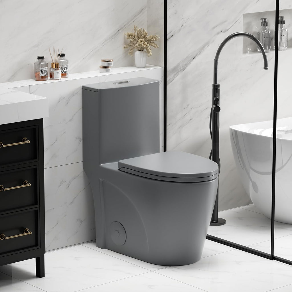 Elongated One Piece Toilet with Comfort Chair Seat ADA Height 17.3' Modern Toilet for Bathroom, Dual Flush 0.8/1.6 GPF and MAP 1000g, 12' Rough-In, Soft Closing Seat, Light gray