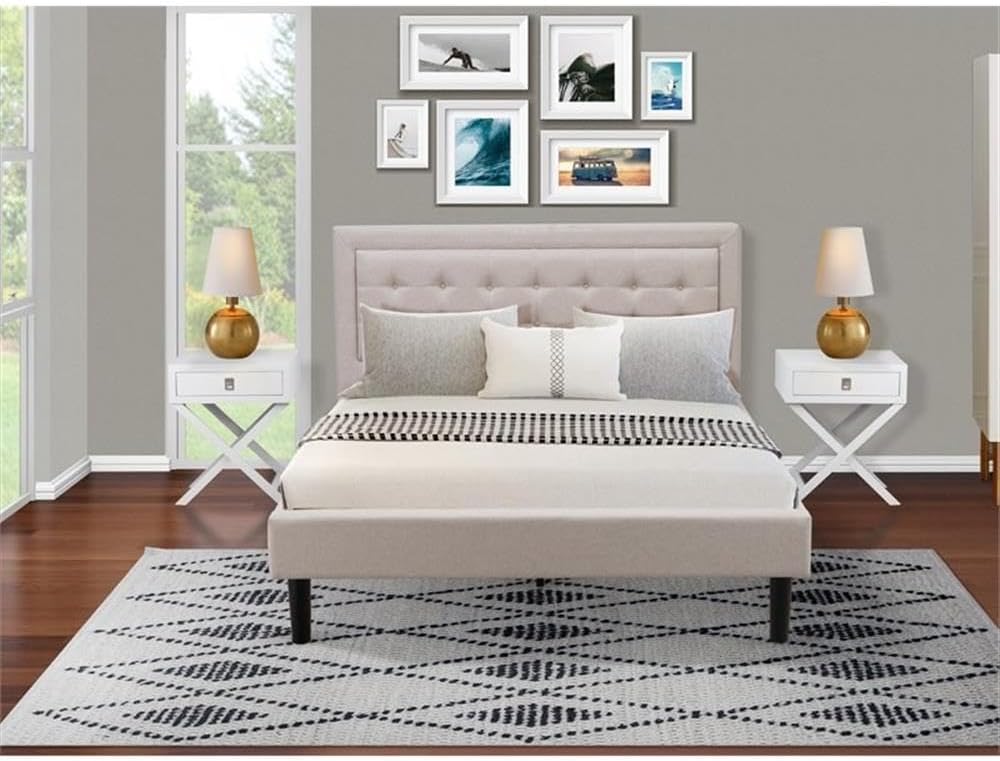 East West Furniture FN08Q-2HAE0 3-Piece Fannin Bedroom Furniture Set with 1 Modern Bed and 2 Mid Century Modern Nightstands - Reliable and Durable Construction - Mist Beige Linen Fabric