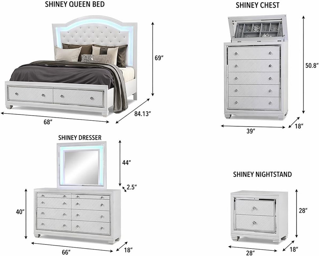 First of a Kind Shiney Contemporary 5 Piece Queen Bedroom Set High Gloss White Finish with Upholstered Headboard, Sleek Modern Bedroom Furniture Set for Coordinated Interiors