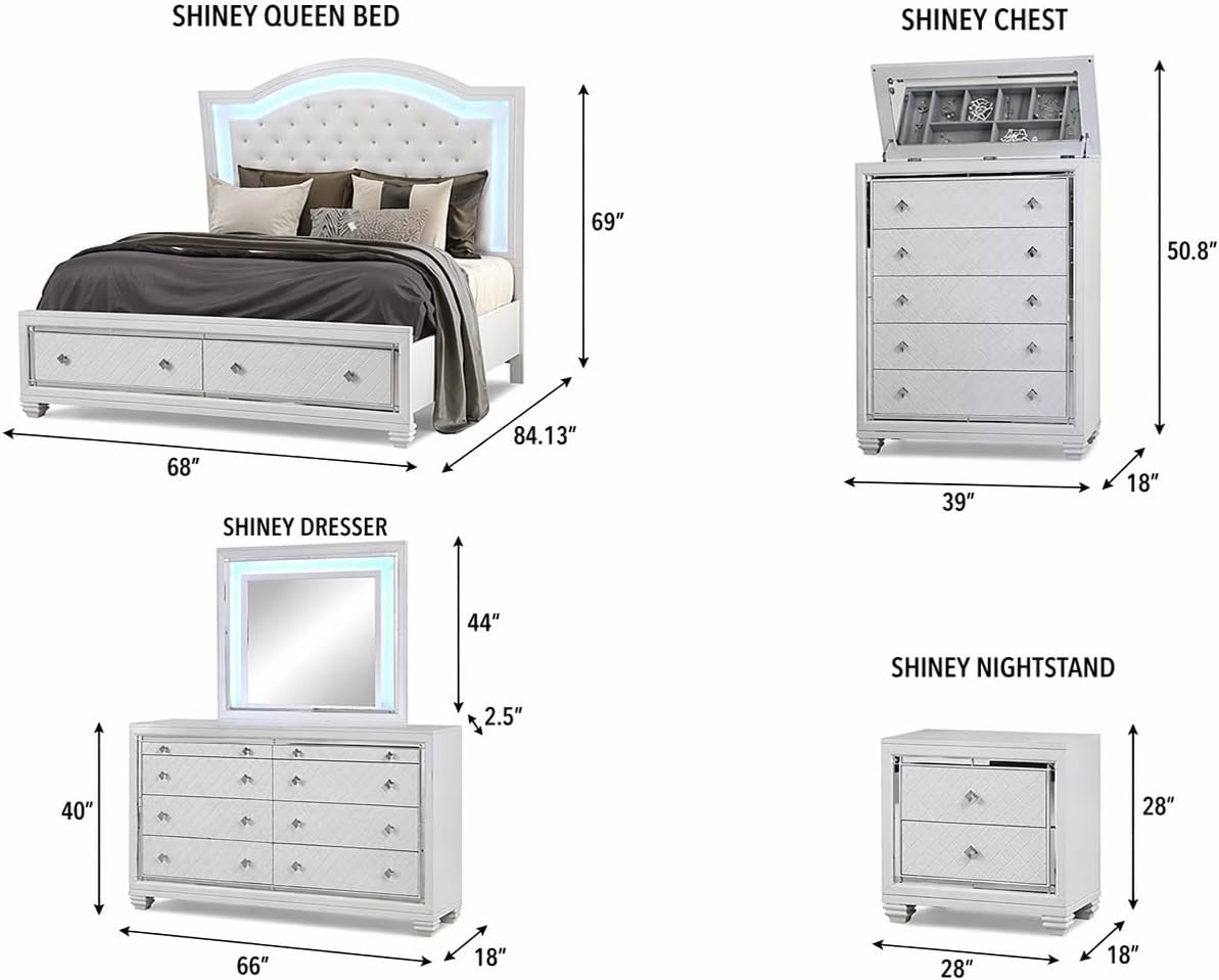First of a Kind Shiney Contemporary 5 Piece Queen Bedroom Set High Gloss White Finish with Upholstered Headboard, Sleek Modern Bedroom Furniture Set for Coordinated Interiors