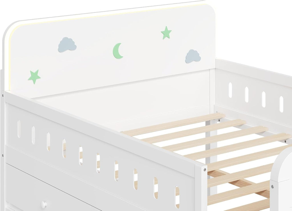 VilroCaz Full Size Platform Bed with Guardrail and 4 Drawers, Wooden Kids Platform Bed Frame with Two-Step Staircases and Light Strip for Boys Girls, Sturdy Slats Support (White-11A)
