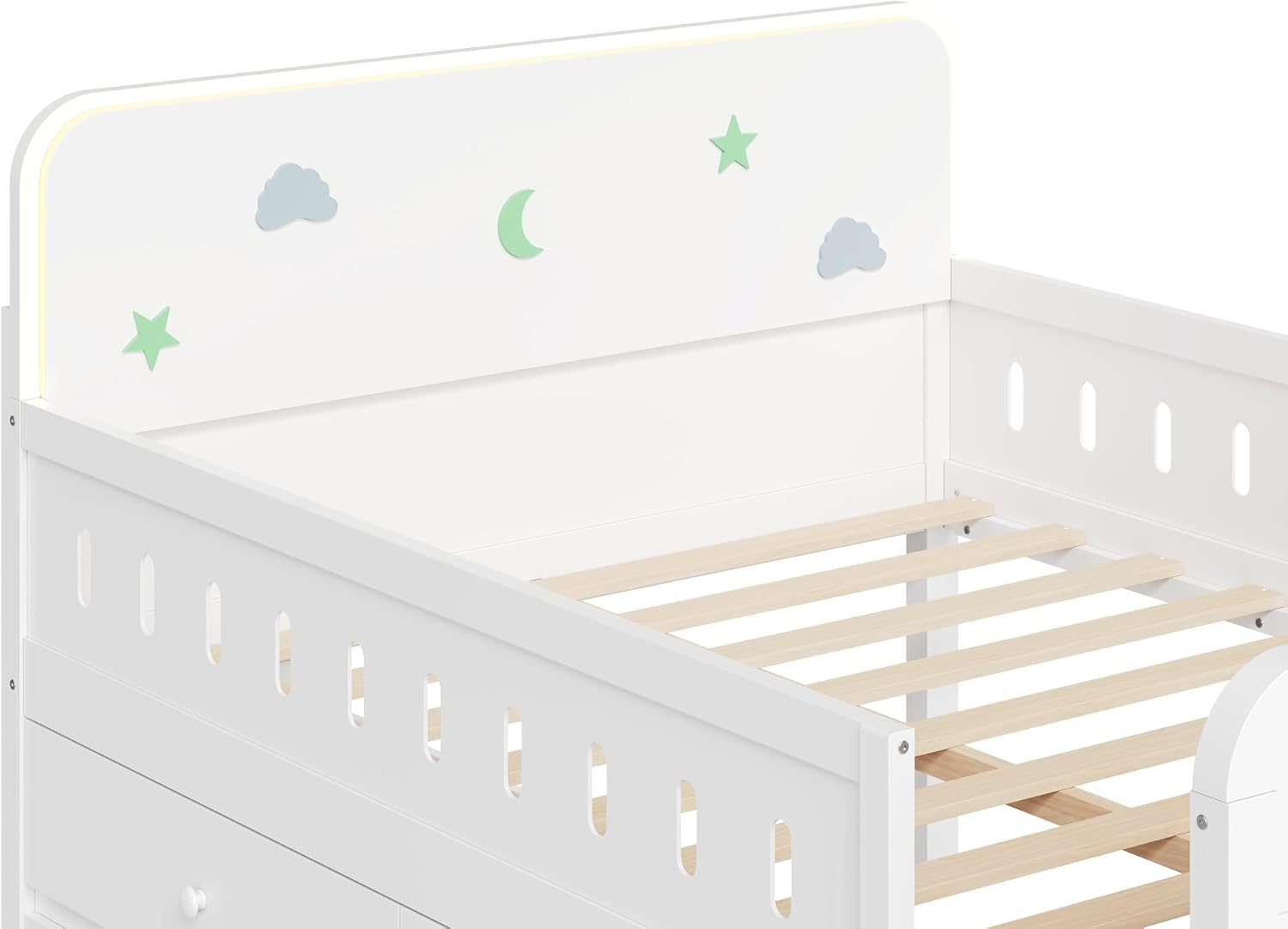 VilroCaz Full Size Platform Bed with Guardrail and 4 Drawers, Wooden Kids Platform Bed Frame with Two-Step Staircases and Light Strip for Boys Girls, Sturdy Slats Support (White-11A)