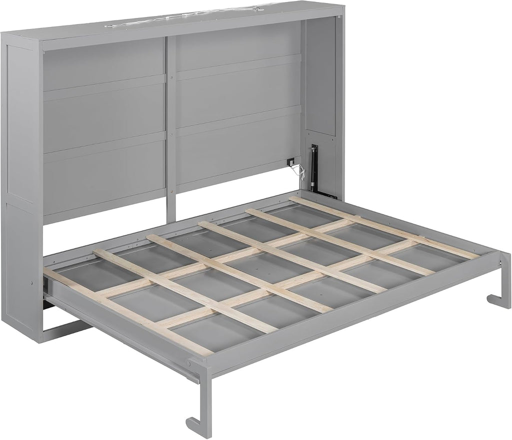 Harper & Bright Designs Queen Size Murphy Bed, Wooden Queen Wall Bed Modern Design with LED Lights, Gray