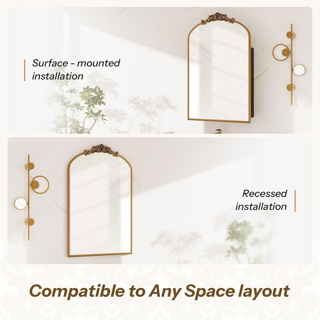 24x35 Inch Medicine Cabinets for Bathroom, Bronze Arched Medicine Cabinet with Mirror, Recessed or Surface Mount Medicine Cabinet Mirror，Premium All-Metal Frame&Body, Easy Assembly, Gold