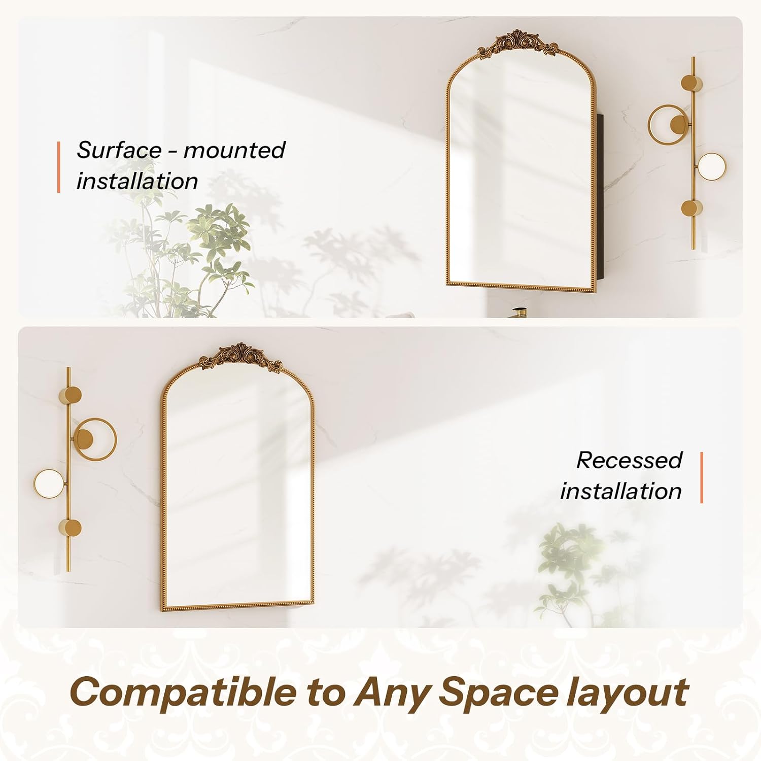 24x35 Inch Medicine Cabinets for Bathroom, Bronze Arched Medicine Cabinet with Mirror, Recessed or Surface Mount Medicine Cabinet Mirror，Premium All-Metal Frame&Body, Easy Assembly, Gold