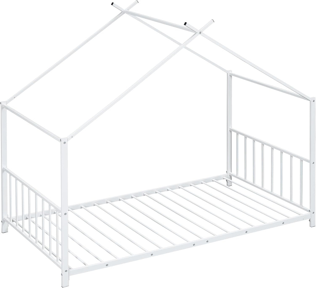 Bellemave Twin Size House Floor BedFrame for Kids, Metal Montessori Beds with slats, Twin House Beds for Kids Girls Boys, Wash White