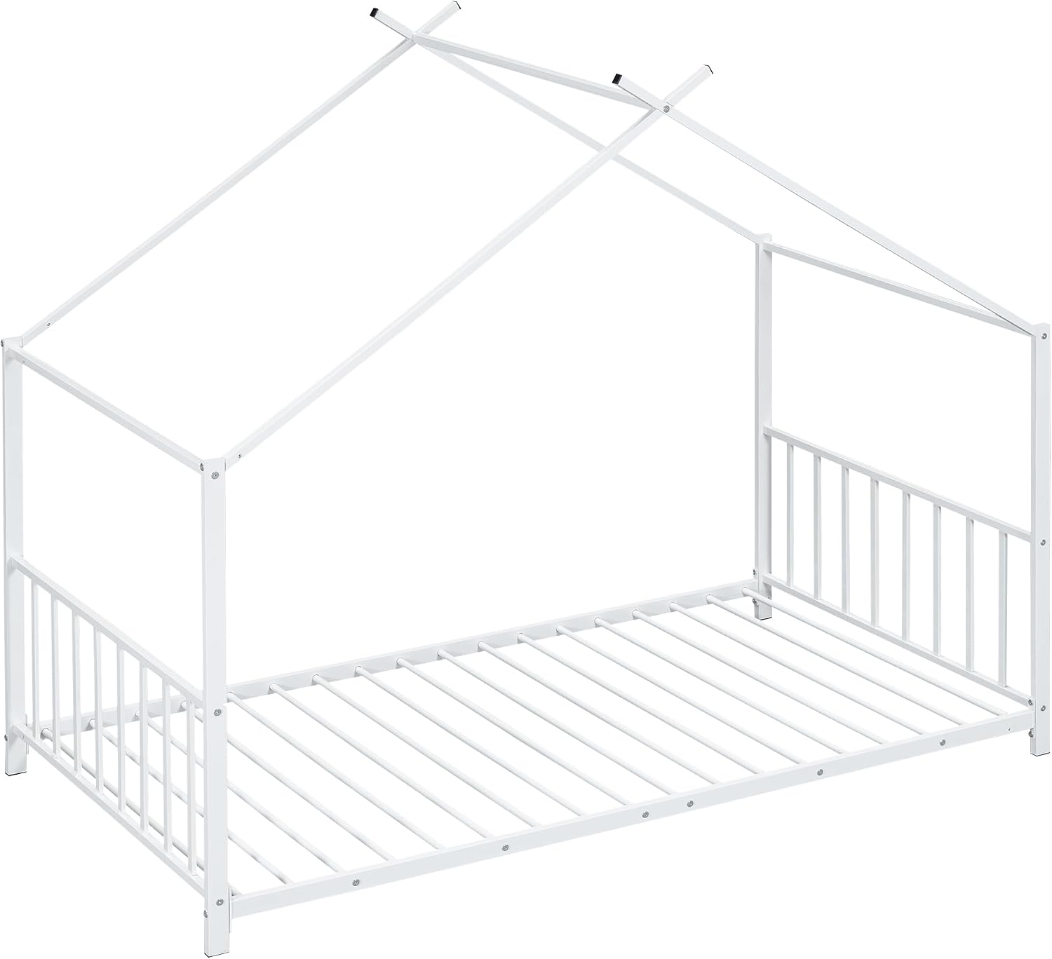 Bellemave Twin Size House Floor BedFrame for Kids, Metal Montessori Beds with slats, Twin House Beds for Kids Girls Boys, Wash White