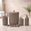 Lydia Collection 5-Piece Resin Bathroom Accessories Set – Toilet Brush Holder, Waste Bin, Soap Dispenser, Tray & Toothbrush Holder (Taupe)