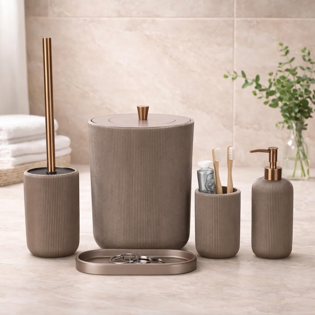 Lydia Collection 5-Piece Resin Bathroom Accessories Set – Toilet Brush Holder, Waste Bin, Soap Dispenser, Tray & Toothbrush Holder (Taupe)