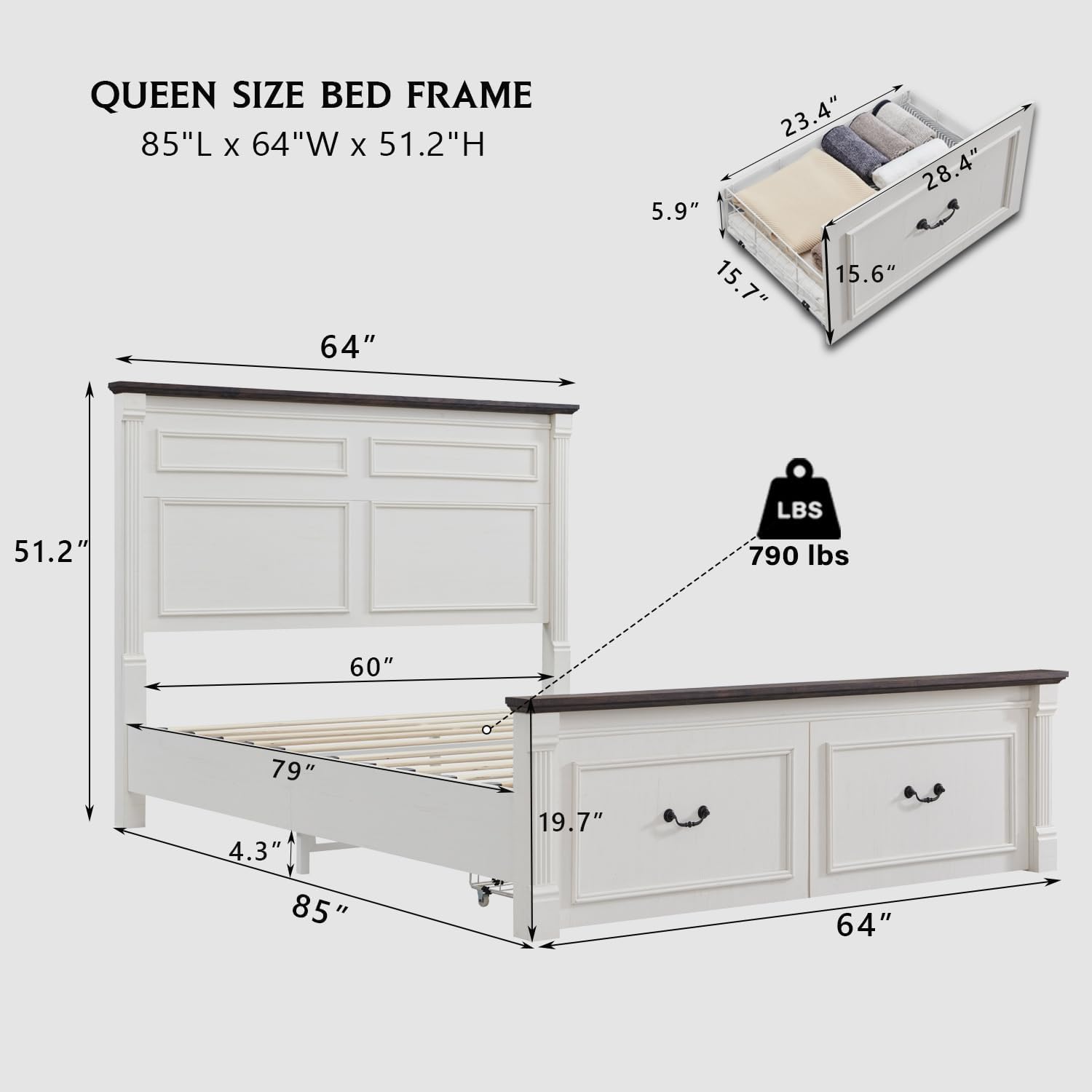 Aitjunz Farmhouse Queen Size Bed Frame with 51' Tall Headboard, Wood Platform Bed Frame with 20' Tall Roman Column Decoration Footboard & 2 Large Storage Drawers, No Box Spring Needed (White)
