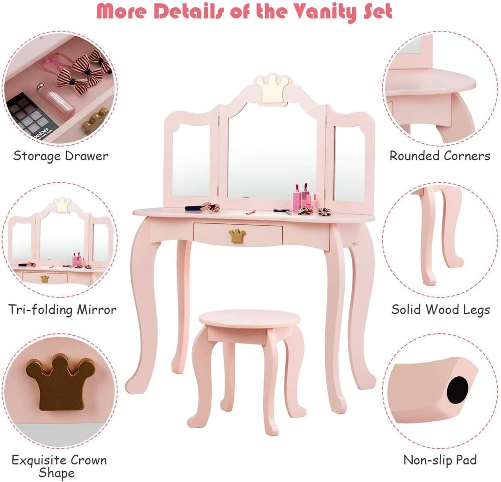 Costzon Kids Vanity & Jewelry Armoire Cabinet, Kids Makeup Vanity Table and Chair Set, 360° Swivel Standing Jewelry Organizer with Full-Length Mirror, Kids Bedroom Furniture Set for Girls (Pink)