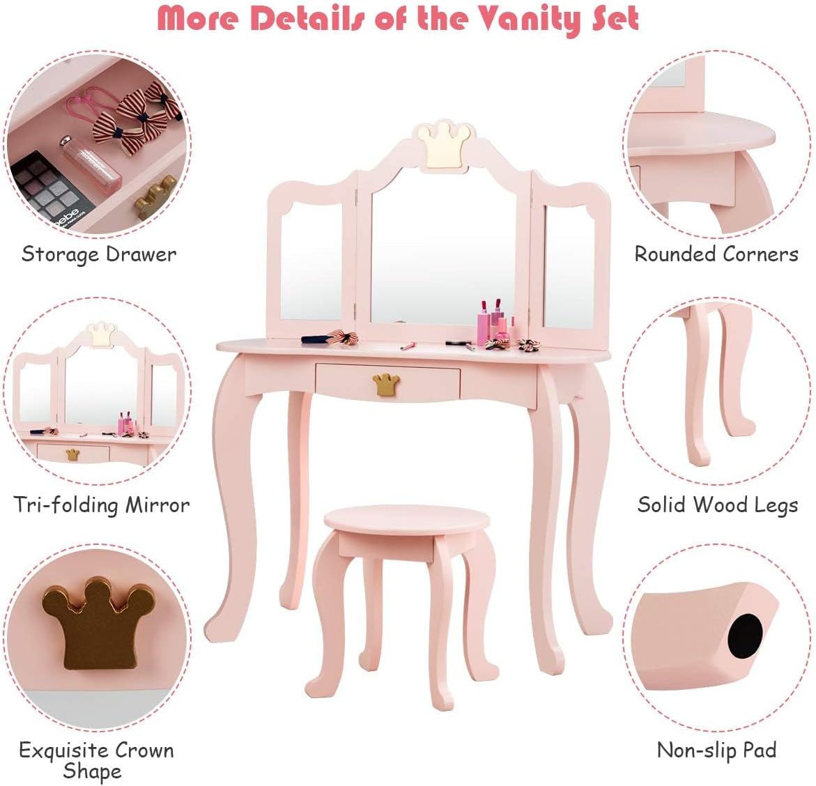 Costzon Kids Vanity & Jewelry Armoire Cabinet, Kids Makeup Vanity Table and Chair Set, 360° Swivel Standing Jewelry Organizer with Full-Length Mirror, Kids Bedroom Furniture Set for Girls (Pink)