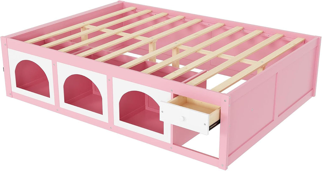 Bellemave Queen Size Kids Bed with Display Cabinet, LED Light and Drawer, Wood Queen Platform Bed with Bookshelf, BedFrames for Kids, Adults, Pink+White