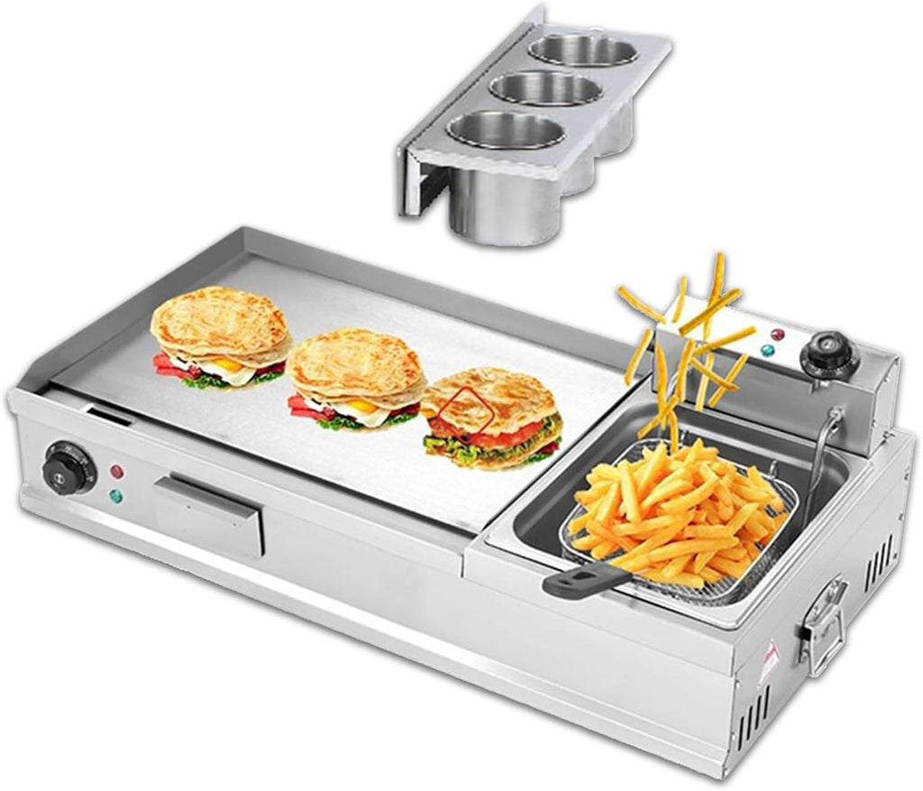 Indoor Electric Grills & Griddles, Flat Top Grill with Deep Fryer, Commercial Electric Griddle for Breakfast, Countertop Frying Pan (Large)