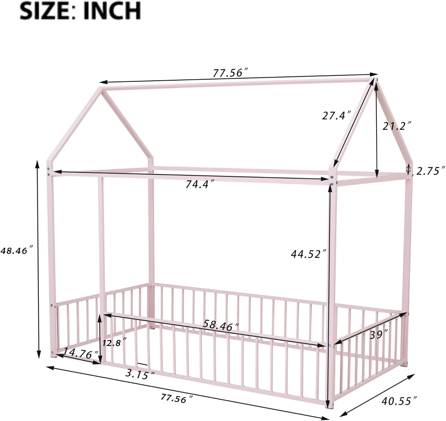 Bellemave Twin Size Montessori Floor Bed, Metal House Bed Frame, House Floor Bed for Kids, with Fence, Playhouse for Kids, Pink with roof