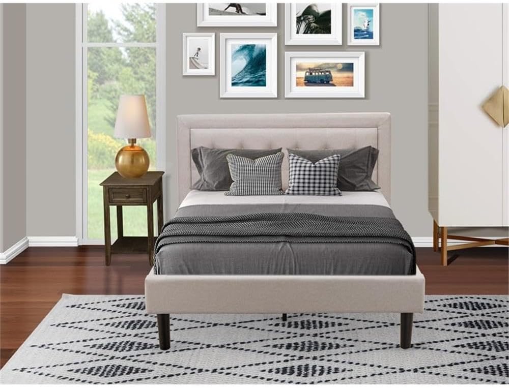 East West Furniture FN08F-1VL07 2-Piece Fannin Full Size Bedroom Set with 1 Mid Century Bed and a Mid Century Modern Nightstand - Reliable and Sturdy Construction - Mist Beige Linen Fabric