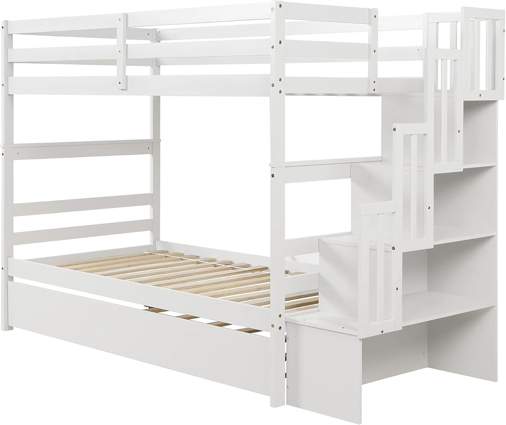 Ball & Cast Twin Over Twin Bunk Beds with Trundle,Wood Bedframe W/Safty Guardrail & Stairway Storage,No Box Spring Needed,Easy Assembly,Multiple Functional Bedroom Furniture for Boy Girl Teens,White
