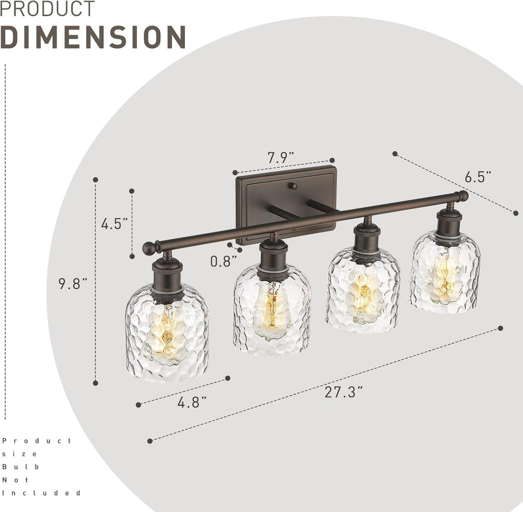 zeyu 4 Light Fixtures for Bathroom Above Mirror, Vintage Vanity Lighting Fixtures, Oil Rubbed Bronze Finish with Clear Hammered Glass, ZJF63B-4W ORB