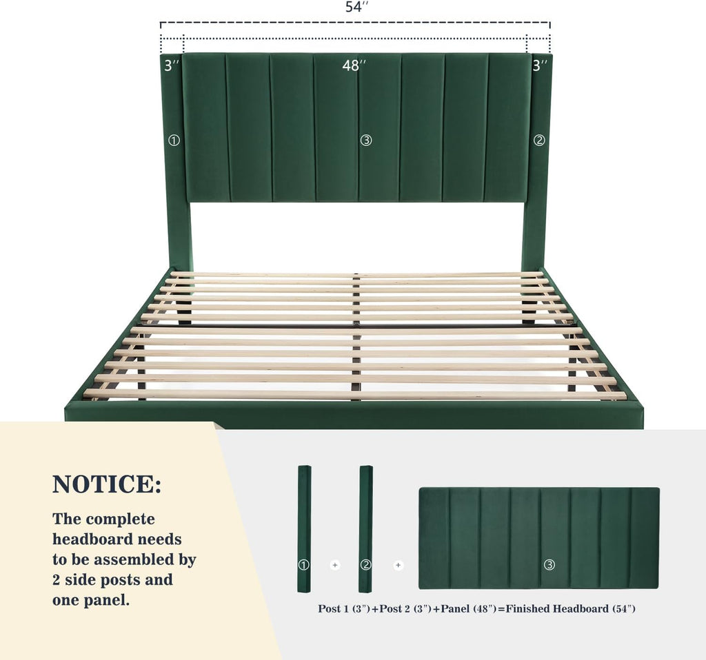 Allewie Full Bed Frame/Velvet Upholstered Bed Frame with Vertical Channel Tufted Headboard/Strong Wooden Slats/Platform Bed Frame/Mattress Foundation/Box Spring Optional/Easy Assembly/Green
