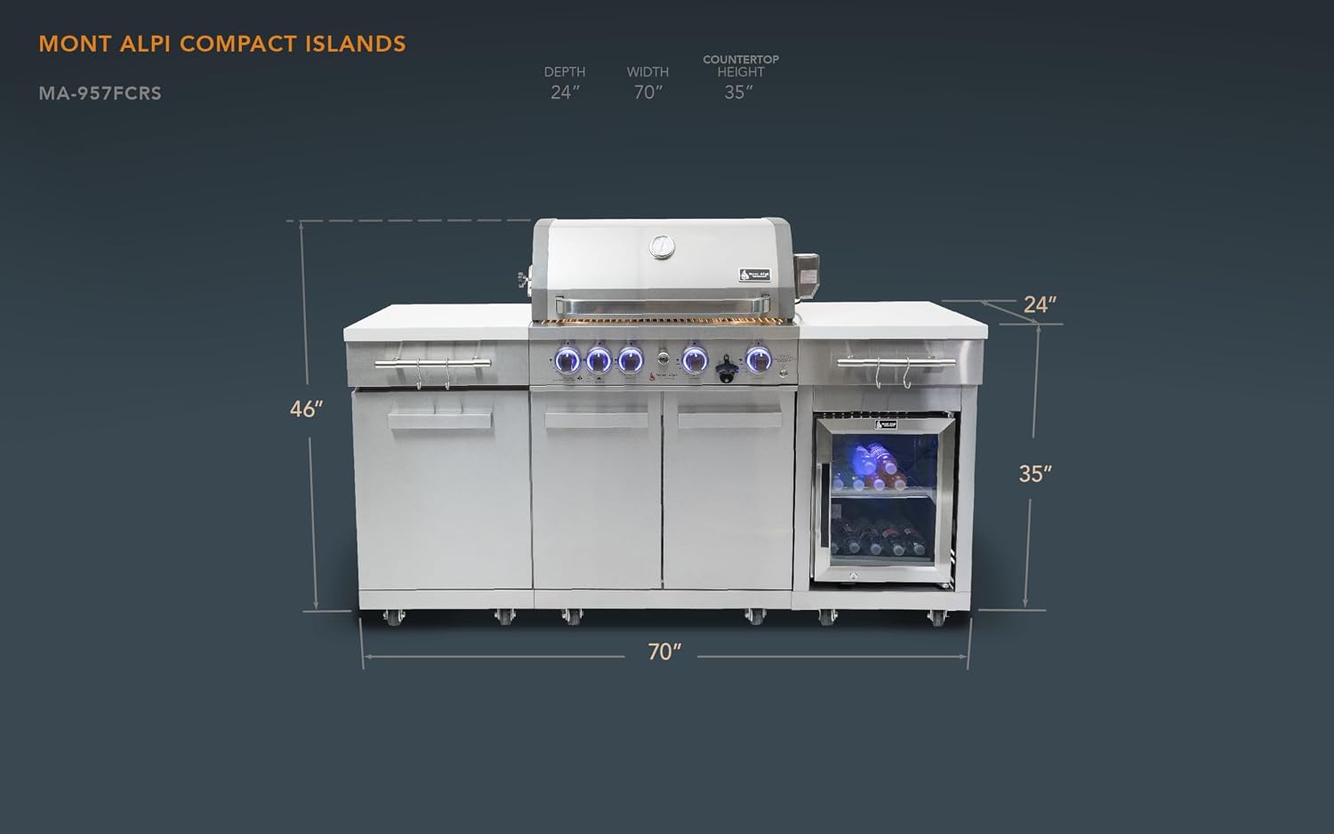 Mont Alpi Premium 70'W x 24'D x 46'H Stainless Steel Outdoor Kitchen Island with Refrigerator + 32'W 4-Burner BBQ Grill + Accessory Bundle - Natural Gas Conversion Kit + Griddle Plate + Charcoal Tray