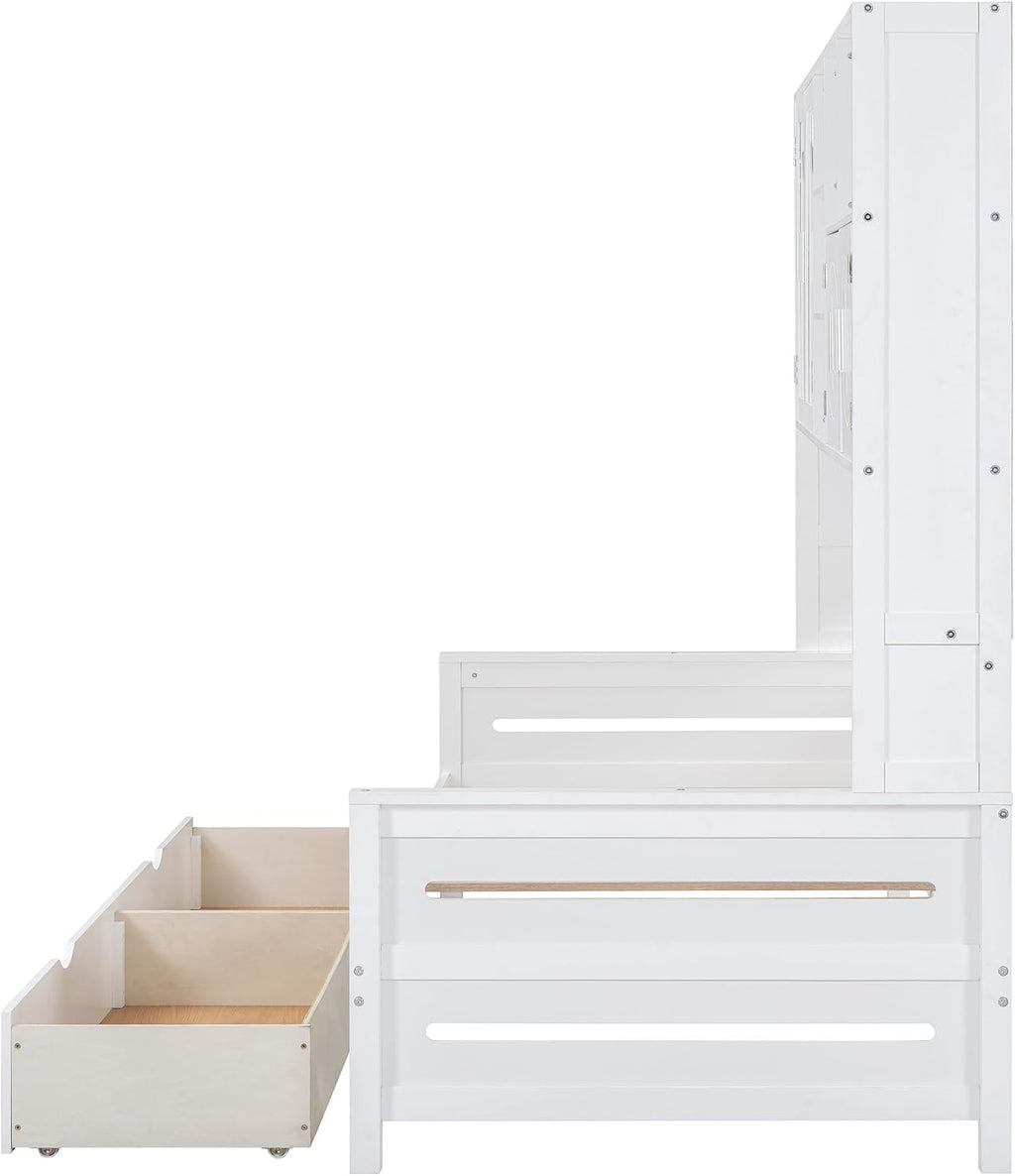 Merax Twin Size Wooden Daybed with 2 Drawers & Bookcase Headboard, and All-in-One Storage Cabinet and Shelf, White