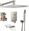 Rain Shower System 12 inch Shower Faucet Set with Tub Spout,Bathroom Wall Mounted Waterfall Shower Head Faucet Sets Complete with Handheld Spray,Rough-in Valve Body and Trim kit,Brushed Nickel