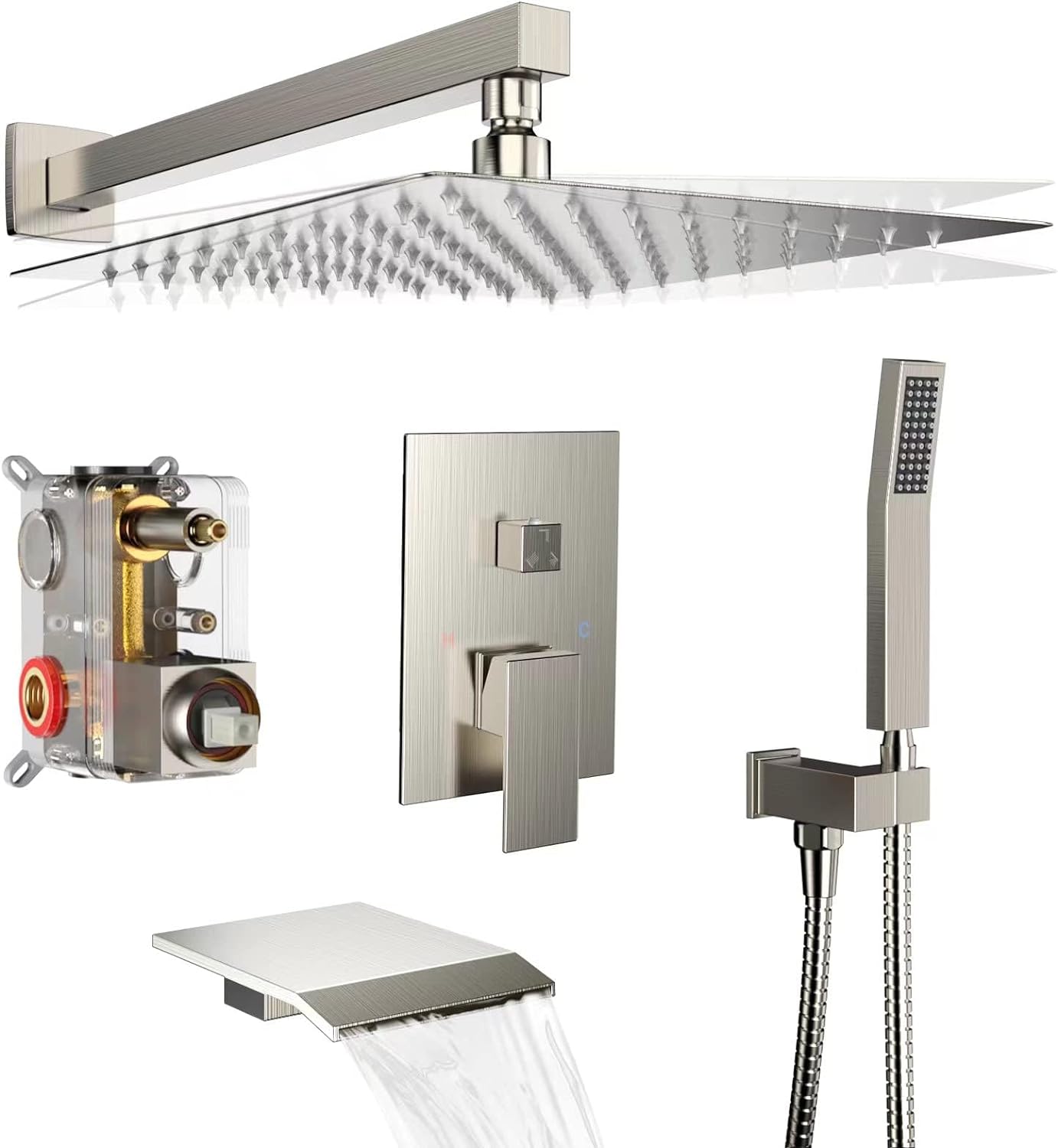 Rain Shower System 12 inch Shower Faucet Set with Tub Spout,Bathroom Wall Mounted Waterfall Shower Head Faucet Sets Complete with Handheld Spray,Rough-in Valve Body and Trim kit,Brushed Nickel