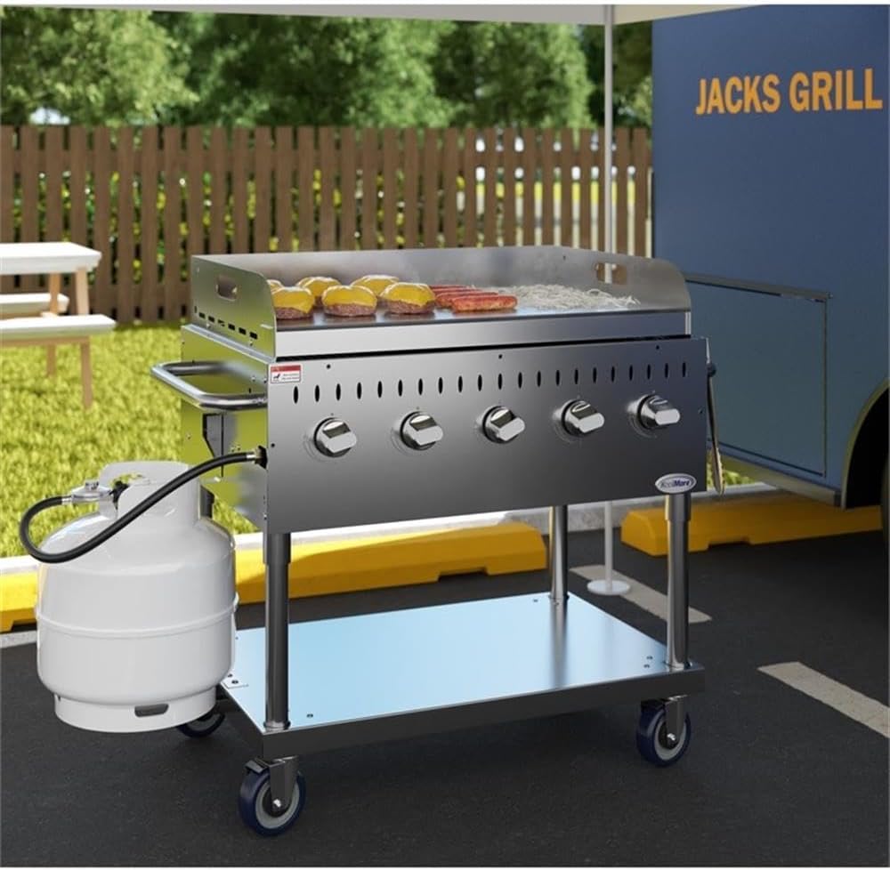 Pemberly Row 36-Inch Stainless Steel Commercial Gas Grill with Griddle, 5-Burner Propane BBQ, 688 Sq. In. Cooking Area, Durable Carbon Steel Griddle Plate, Mobile Design for Outdoor Cooking